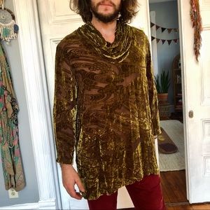 Velvet Silk Party Shirt Tunic- Cowl Neck- Trippy Pattern- Semi Sheer- L, XL, XXL